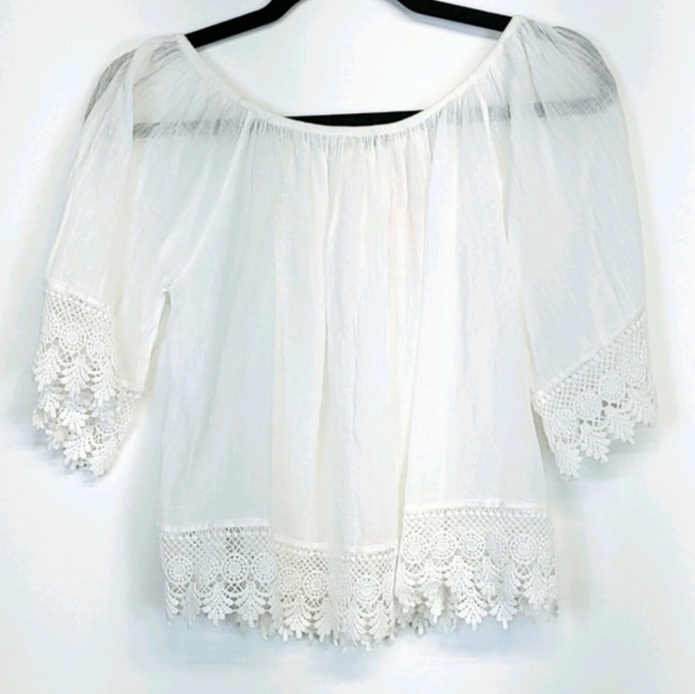 LOLA Linen Lace Blouse White Top Size Large - Picture 2 of 8
